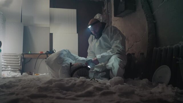 White field scientist kneeling amid frost and insulation retrieves frozen specimen, torch on visor, careful gloved handling, salvage and evidence recovery in derelict room, somber postapocalyptic mood