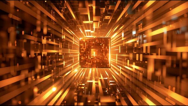 The visual focuses on a microchip surrounded by vibrant energy and glowing structures transitioning through a futuristic environment.