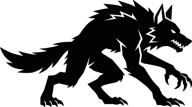 Fearsome werewolf monster silhouette in aggressive four-legged prowling stance