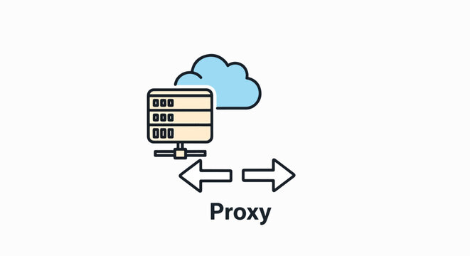 Proxy Server Icon Vector Illustration with Cloud and Arrows for Network Security and Data Transmission Concept. Secure Connection and Communication