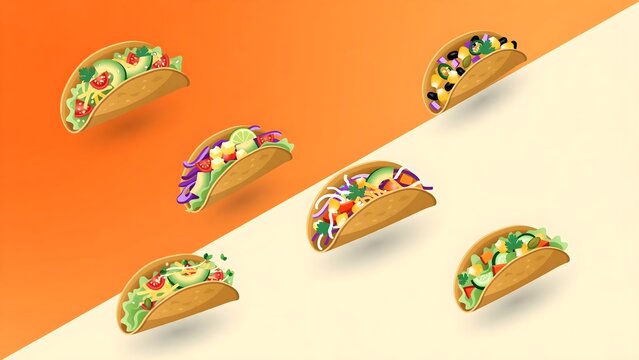 Clean Minimalist Split Diagonal Gradient Vibrant Warm Orange Soft Cream Floating Crunchy Taco Shells Colorful Toppings Smooth Drop Shadows Presentation Background Vector Design