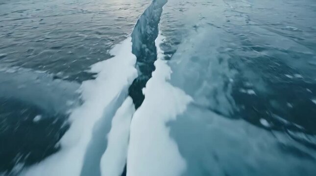 Drone flying through crack in glacier ice