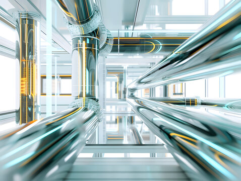 Futuristic laboratory with glowing green cylindrical bioreactors for algae cultivation and biotechnology research, 3d illustration