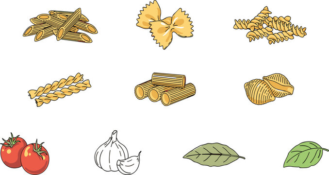 Italian pasta vector icon set featuring farfalle penne fusilli conchiglie types with tomato garlic and basil cooking ingredients