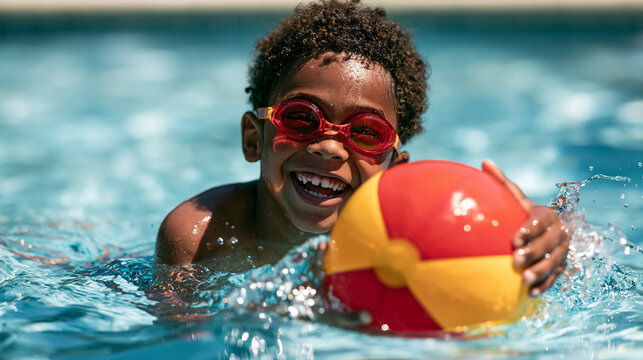 Swimming, black child playing in pool with ball, smile and fun time in water with toys in backyard in summer. Swim, play and sun, boy with beachball and happy, safe activity for young kids on weekend