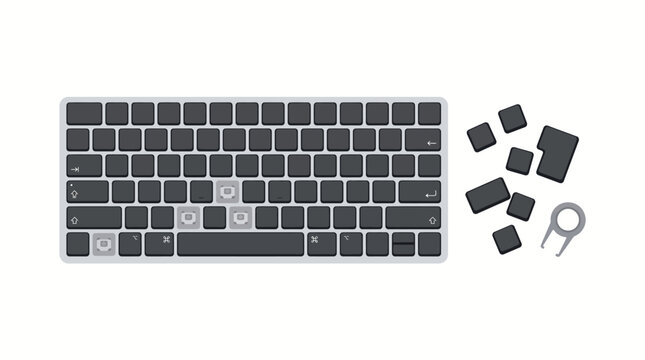 Compact mechanical keyboard with detached keycaps and switches for easy setup.