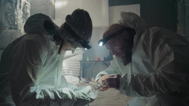 Two scientists lean over sample in cramped frostbitten room, headlamps illuminate vial and instruments, focused breath creates mist, careful manipulation hints at breakthrough, hopeful mood