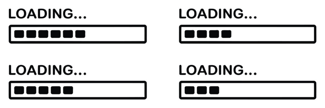 Loading icon set in line style featuring simple black progress bar symbols for loading status, processing, waiting, buffering, apps, websites, and digital interfaces