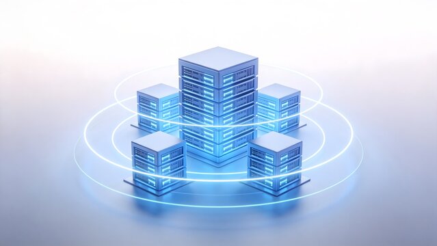 Blue server towers with glowing rings