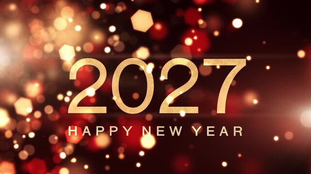 Seamless loop, Happy New Year 2027 glowing text on red and gold sparkling particle background.