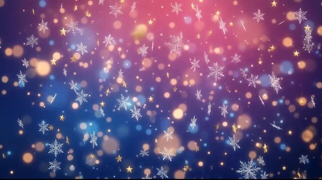 Golden stars and snowflakes falling on festive background