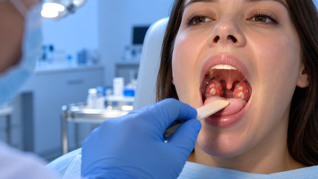 Tonsillitis in Palatine Tonsils With AI-Assisted Planning Overlay, Photorealistic ENT Healthcare Technology View of Inflamed Throat Anatomy With Clinical Interface for Medical and Patient Education