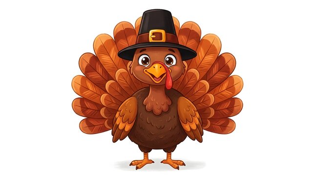 Adorable cartoon turkey wearing a pilgrim hat isolated on a white background