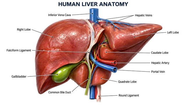Detailed anatomical diagram of the human liver displaying lobes, blood vessels, gallbladder, and key internal biological structures