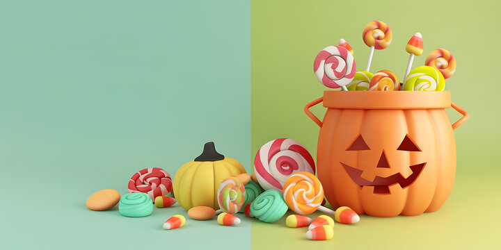Cute modern 3D claymorphism illustration of a Halloween pumpkin bucket filled with lollipops and candies