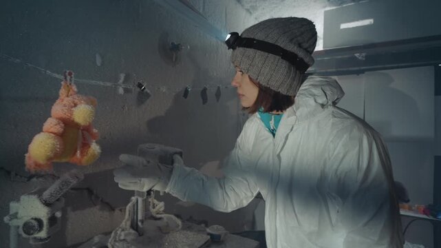 Abandoned nuclear lab researcher collects sample, woman in parka and beanie holds suspended mutated specimen near vintage centrifuge, headlamp beam casts cold blue light, scattered papers and ice