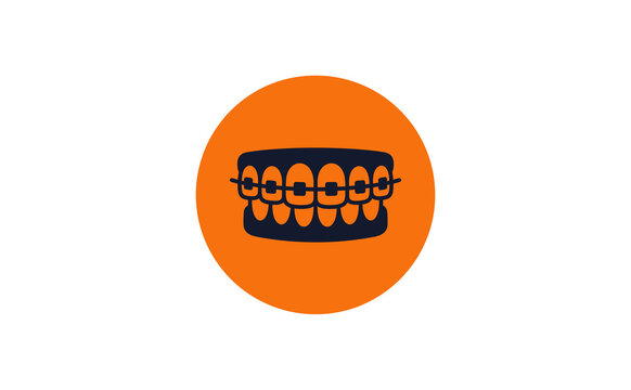 Graphic dental braces icon featuring dark teeth on a vibrant orange circle