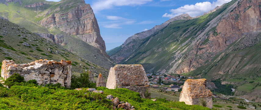 City of Dead in village Eltyubyu, medieval necropolis in North Caucasus mountains