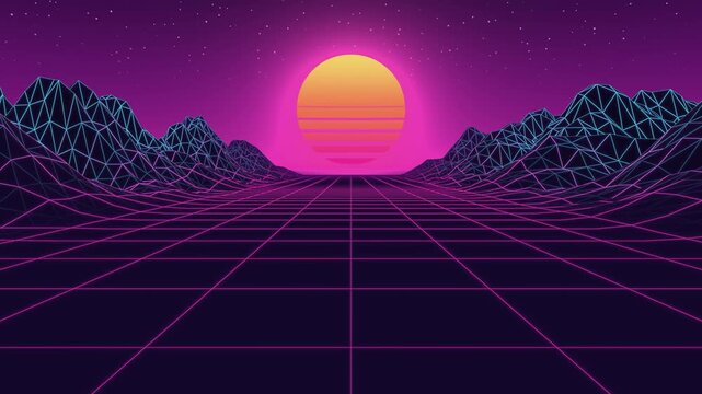 Vibrant retro-futuristic wireframe landscape with glowing sun and neon grid, evoking an 80s synthwave aesthetic and digital journey through a nostalgic dreamscape