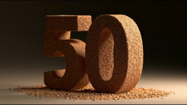Cork numbers display a clear and bold 50 while resting on a surface with small grains, creating a natural look with warm light.