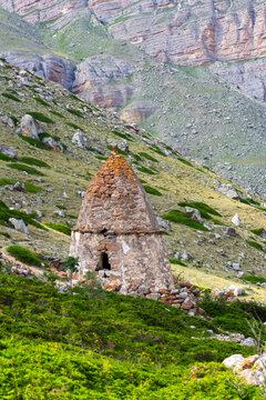 City of Dead in village Eltyubyu, medieval necropolis in North Caucasus mountains