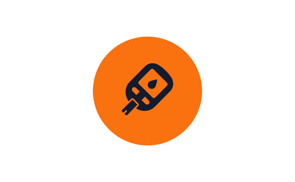 Bold glucose meter icon featuring a blood drop symbol on orange circle