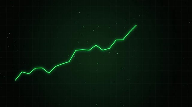 Digital glowing green line graph displaying an upward trend on a dark background representing busines