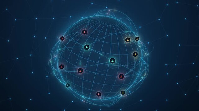 Global network and communication concept with glowing nodes connecting across the world map on dark background