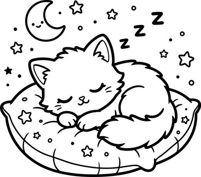 A cute cartoon kitten sleeping peacefully on a soft pillow under the night sky with stars and moon