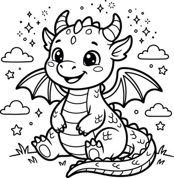Cute baby dragon sitting in a magical landscape for a fun children coloring book page illustration