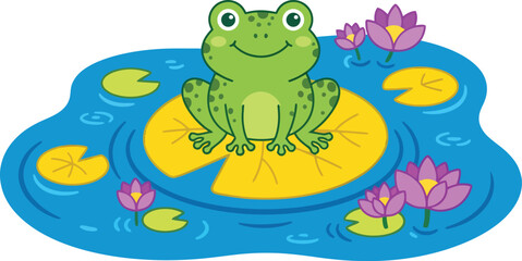 Obraz premium A cute green frog sitting on a large yellow lily pad in a pond.