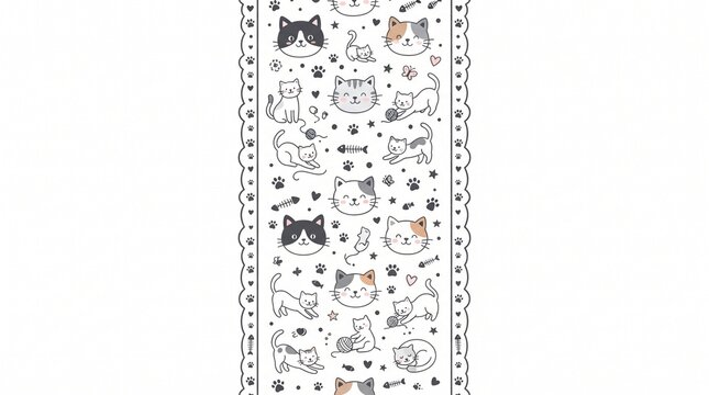 Cute cat face border pattern featuring paw prints, playful feline doodles, seamless decorative frame, minimalist illustration.