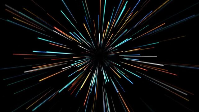 Abstract hyperspace warp speed background, with glowing colorful, light streaks