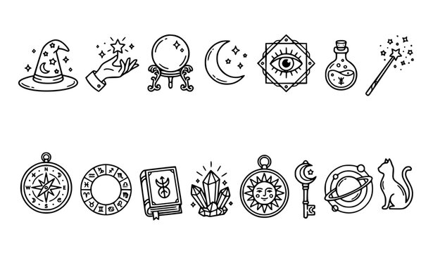 Cute magic tarot doodle line icon collection with wizard astrology and mystical symbols