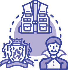 Obraz premium Home comfort vector emblem showing a burning fireplace, a wooden block structure, and a stylish trench coat, creating a feeling of warmth and classic style