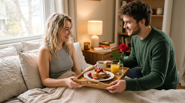 Man surprises woman with breakfast in bed and a red rose for a romantic morning gesture
