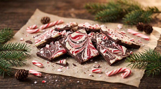 Festive Peppermint Bark with Candy Canes and Pine Sprigs on Rustic Wood Surface