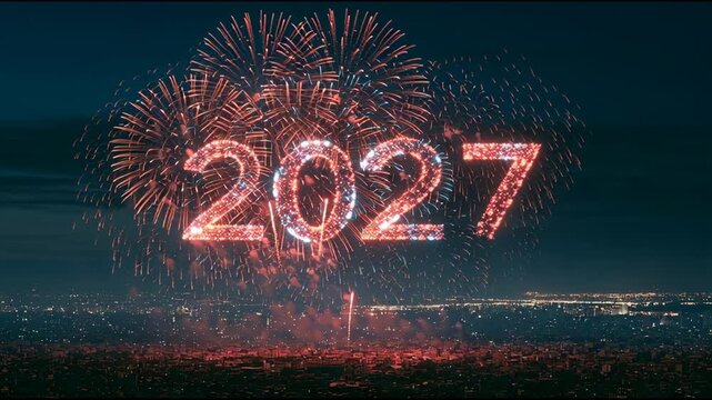 Fireworks light up the night sky as the year 2027 is displayed prominently. Bright colors burst around the city skyline.