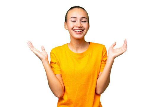 Young Arab woman over isolated background smiling a lot