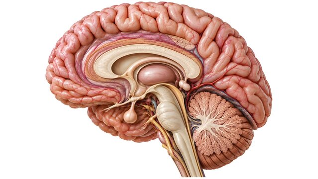 Detailed cross section of the human brain showing internal structures, cerebral cortex, brainstem, and cerebellum for education