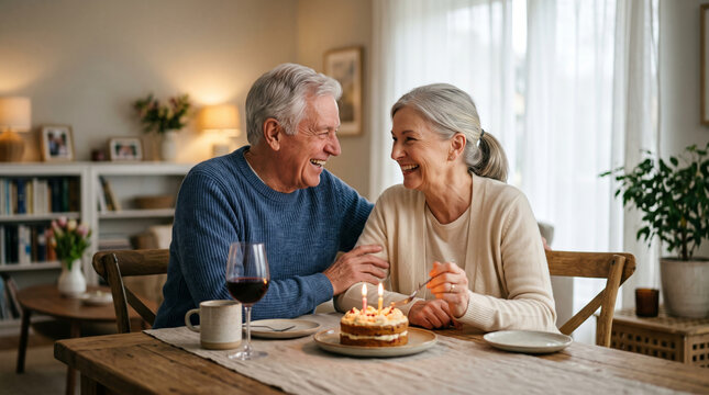 Joyful senior couple celebrating a birthday with a cake and wine at home