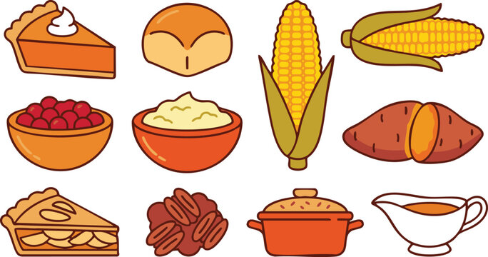 Thanksgiving food and holiday dinner vector icon set with pumpkin pie
