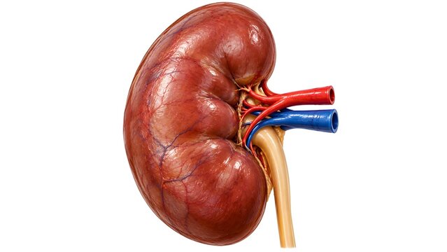 Detailed anatomical illustration of a human kidney with renal artery vein and ureter isolated against a clean white background for medical education