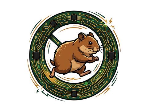 A cute hamster running in a circular circuit board with microchips, symbolizing fast processing, technology, and energy, representing concepts of efficiency, speed, and digital systems.