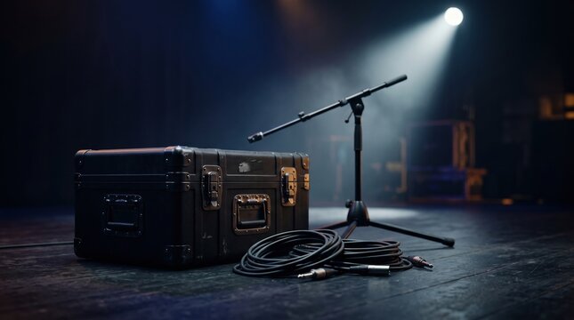 Equipment case and tripod mounted instrument in a dark studio