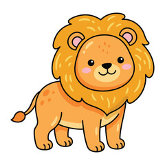 Fototapeta premium Cute cartoon lion cub with fluffy golden mane and pink cheeks, standing, kawaii vector illustration