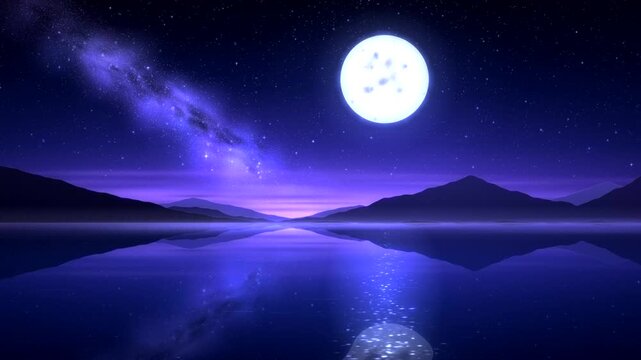 Scenic Full Moon and Milky Way Galaxy Reflecting on Calm Lake Water