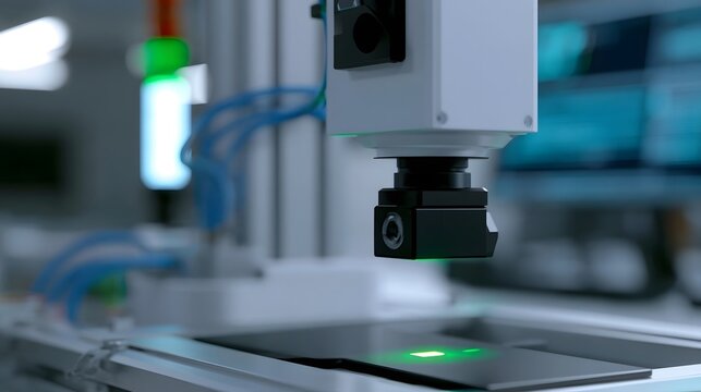 Close up of a robotic inspection system with green laser alignment over a metallic surface in a high tech lab environment