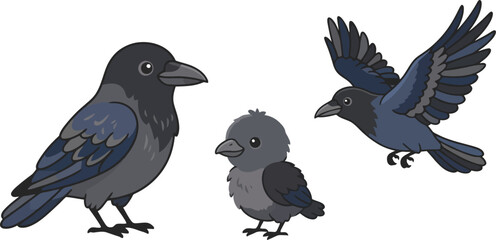 Obraz premium A family of three black crows depicted in a charming cartoon illustration style.