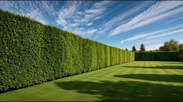 The view shows a well-maintained lawn bordered by tall green hedges under a blue sky with clouds. The sunlight casts shadows on the grass.